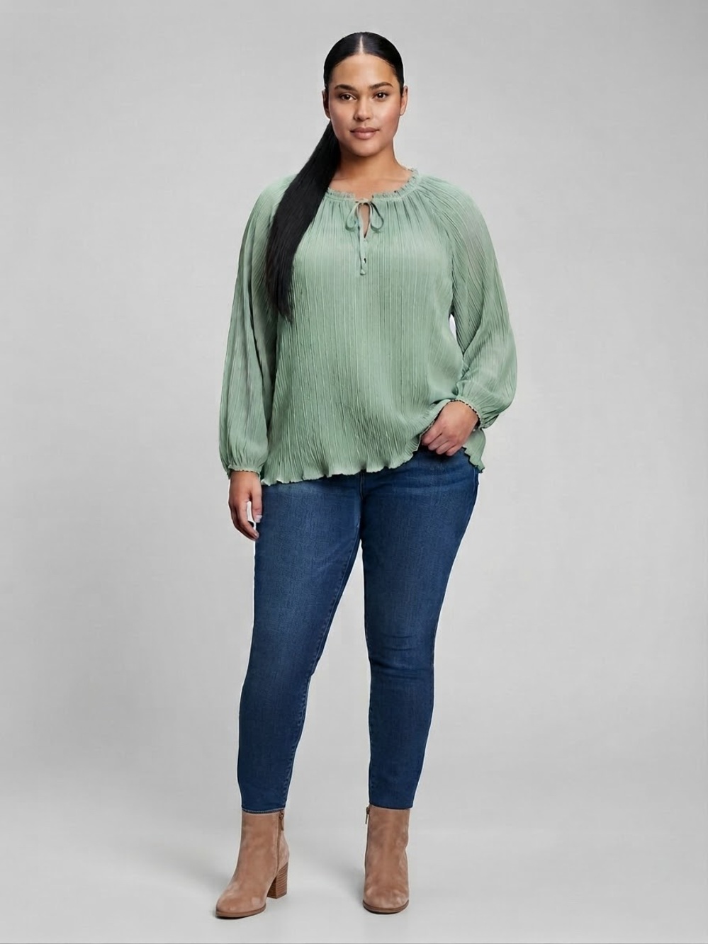 LC Lauren Conrad Sage Green Pleated Long Sleeve blouse with Tie Front - NWT